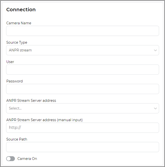 Example of filling in the «Connection» block of the camera with source type ANPR stream