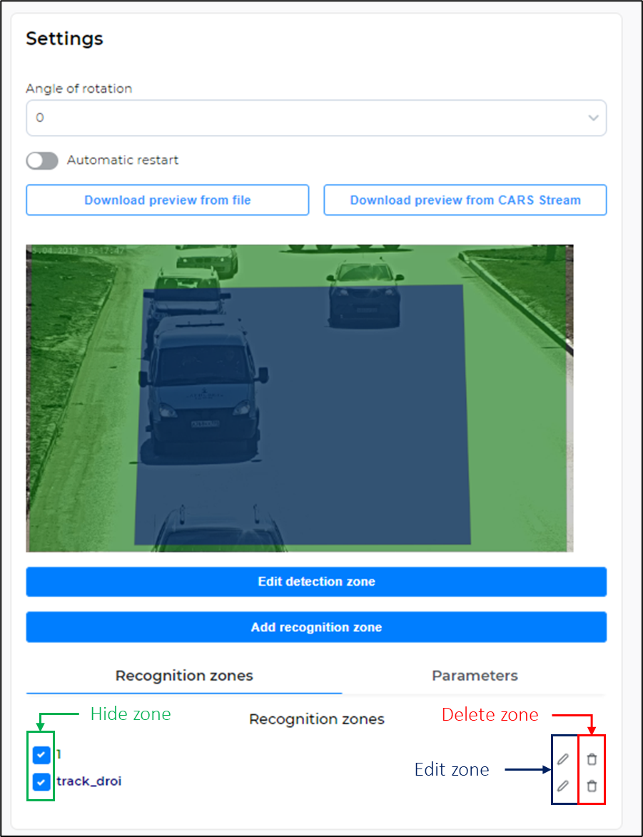 List of created recognition zones