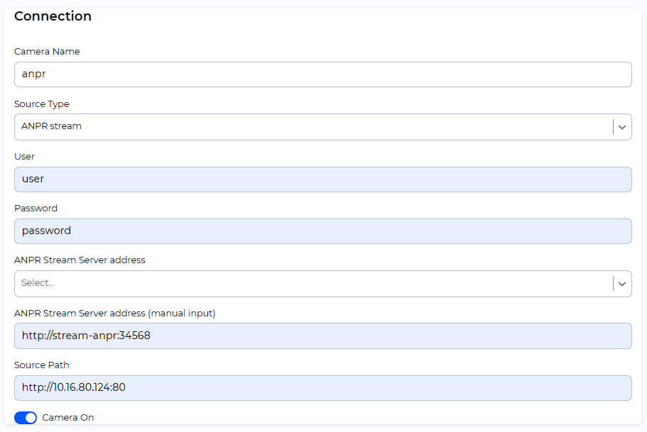 Example of a completed camera addition form with ANPR stream source type