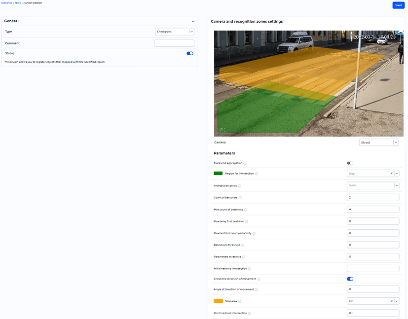 «Checkpoint» handler parameters window