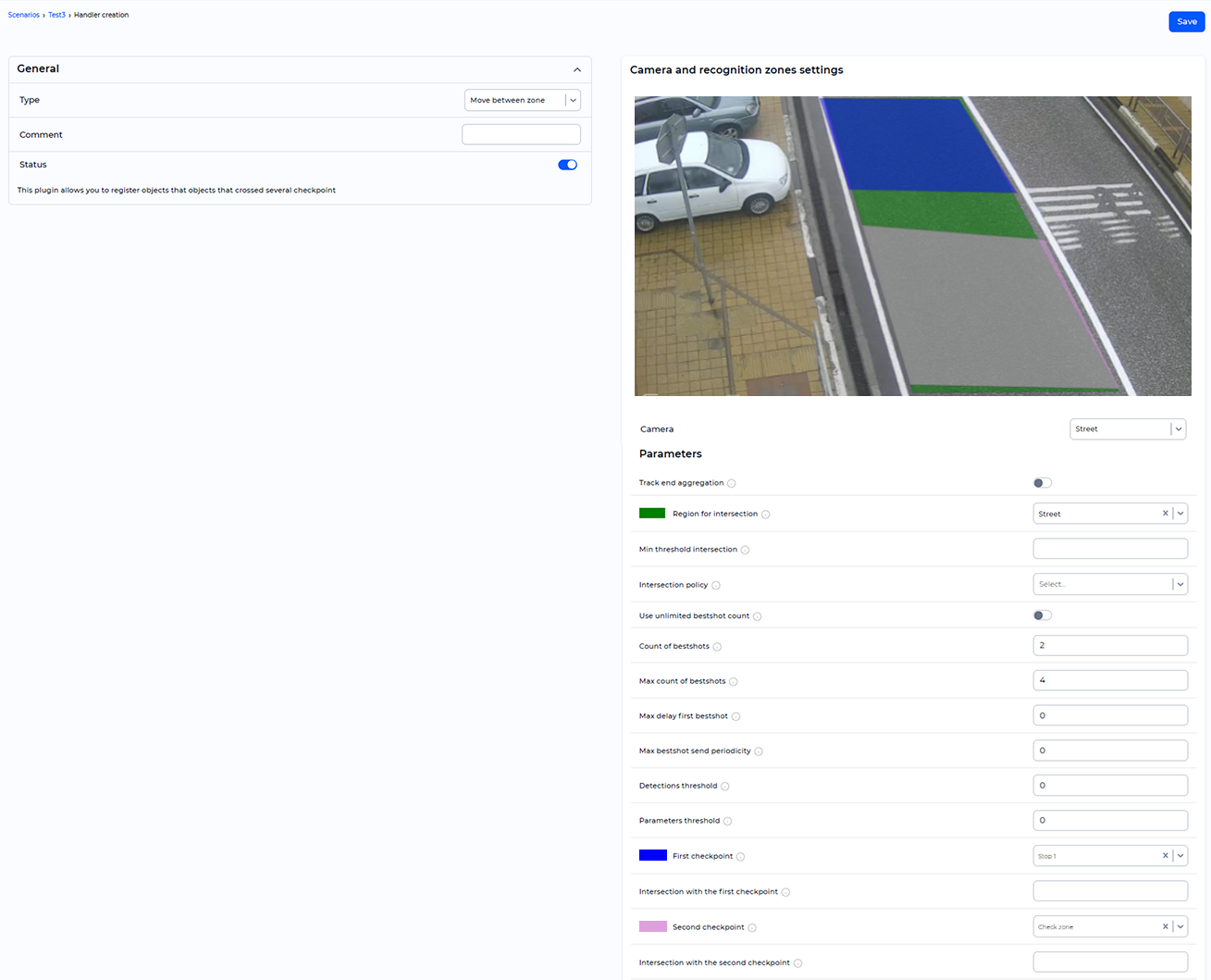 «Move between zones» handler parameters window