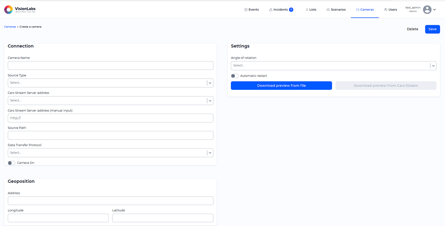 «Create Camera» page