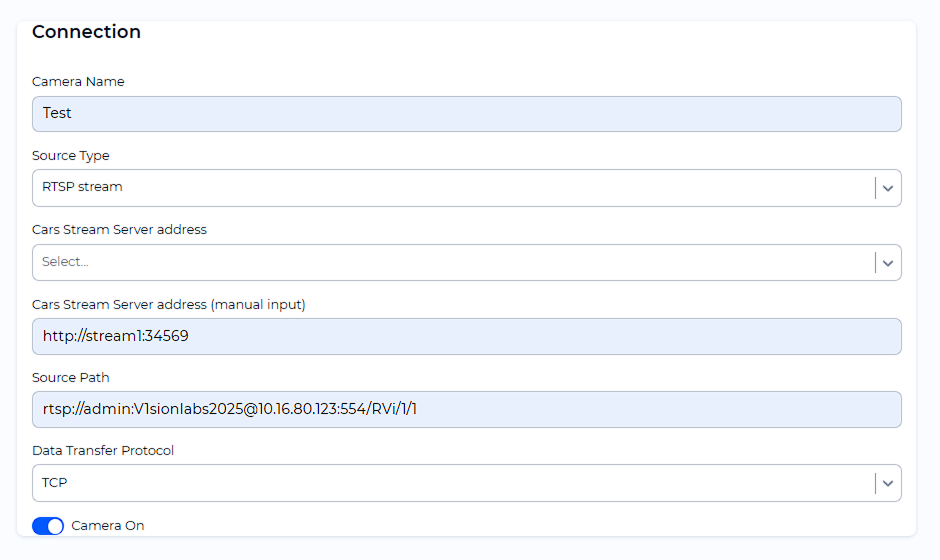Example of a completed camera addition form for RTSP stream and Video file source type