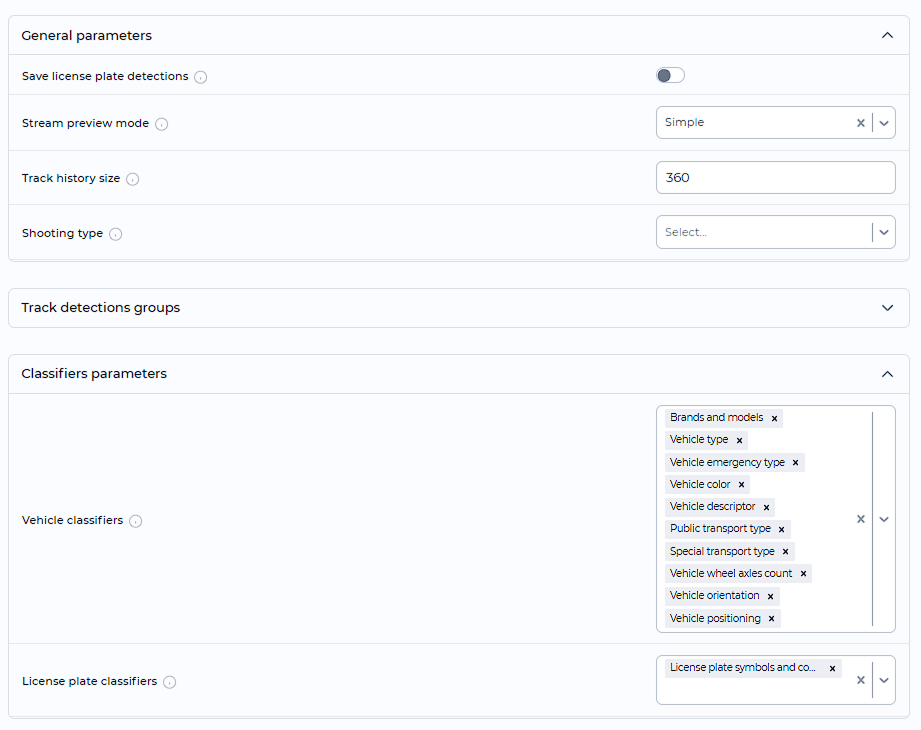 Camera settings interface with RTSP stream and Video file source