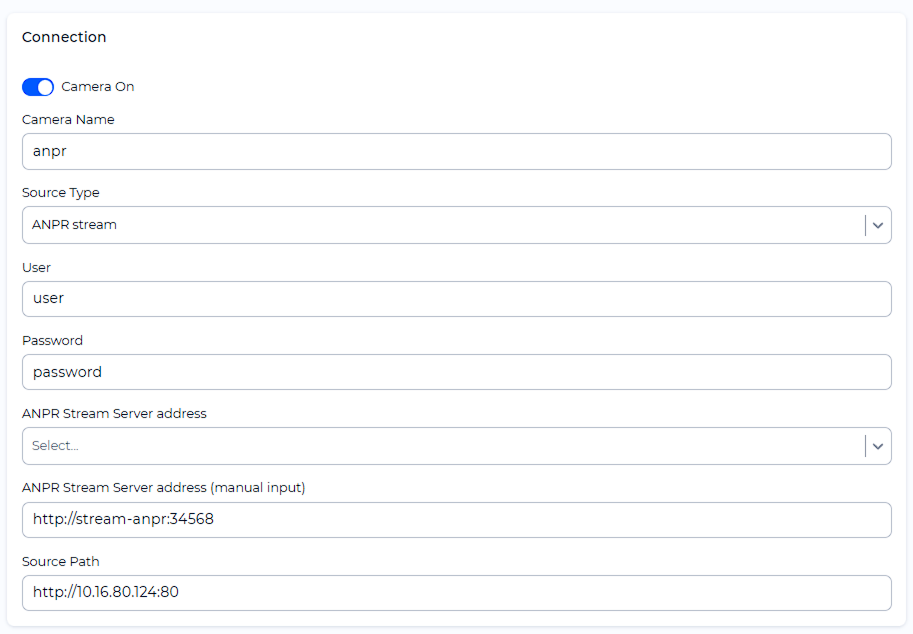 Example of a completed camera addition form with ANPR stream source type