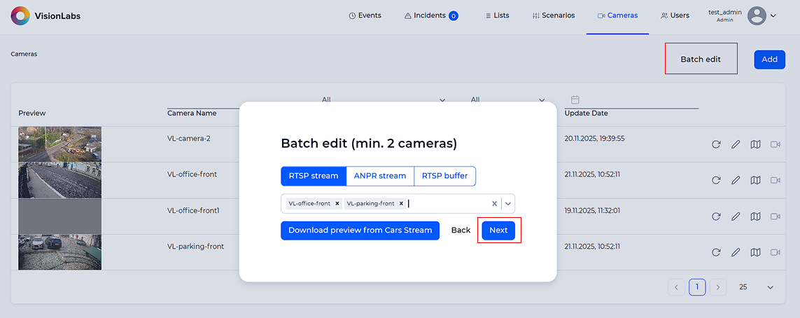 Camera selection window for batch editing