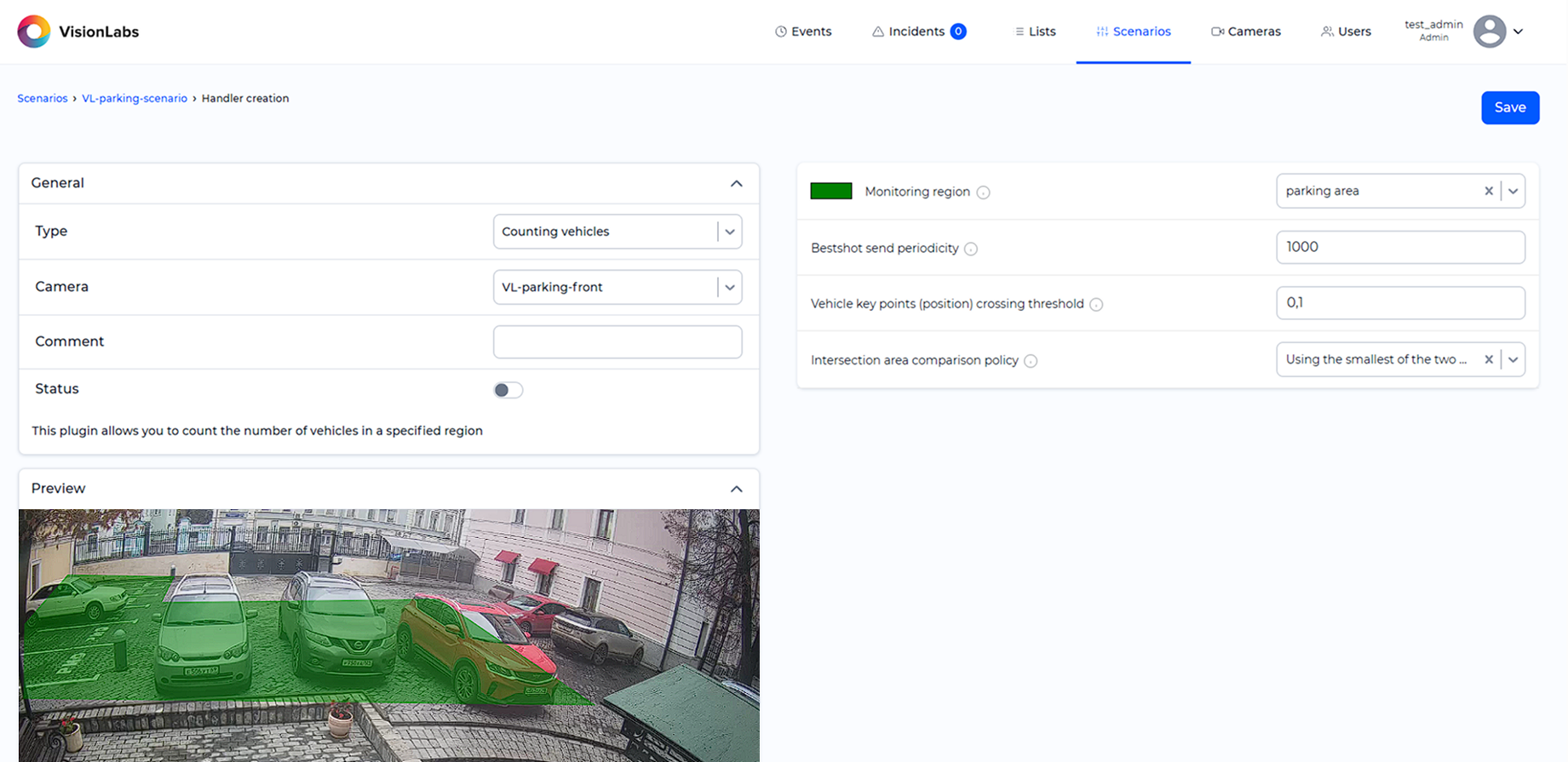 «Counting vehicles» handler parameters window