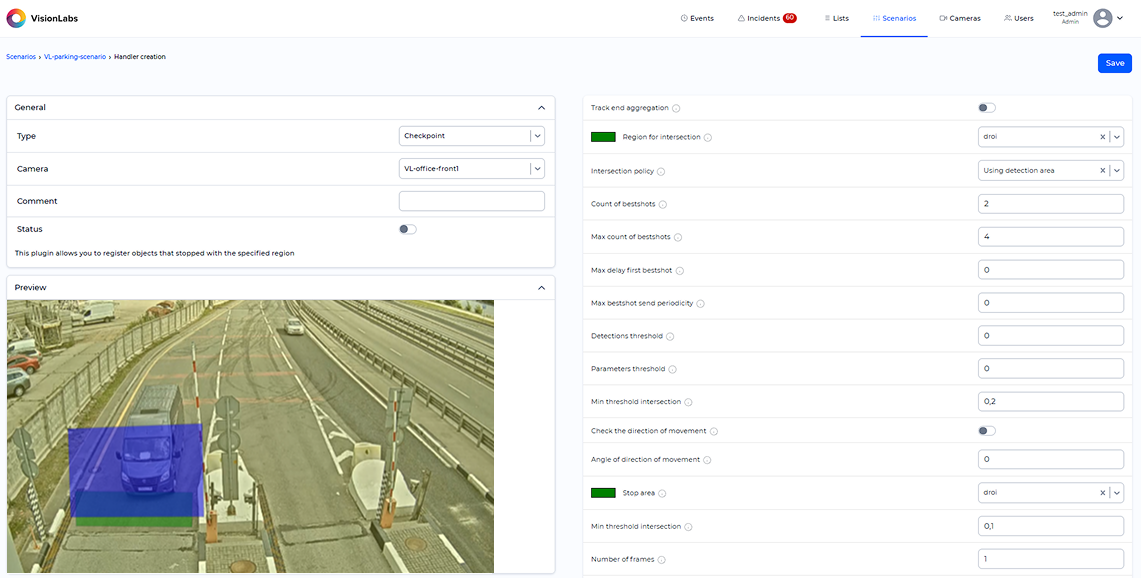 «Checkpoint» handler parameters window