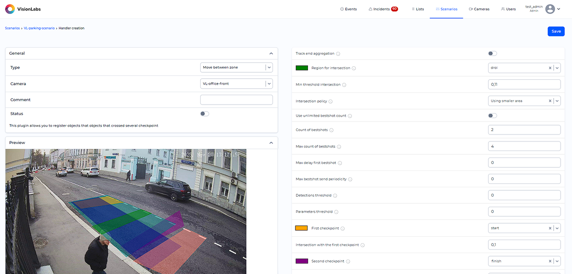 «Move between zones» handler parameters window