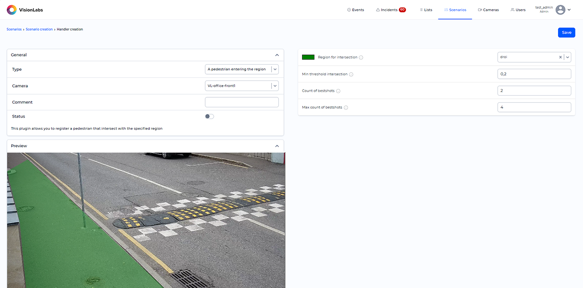 «A pedestrian entering» handler parameters window