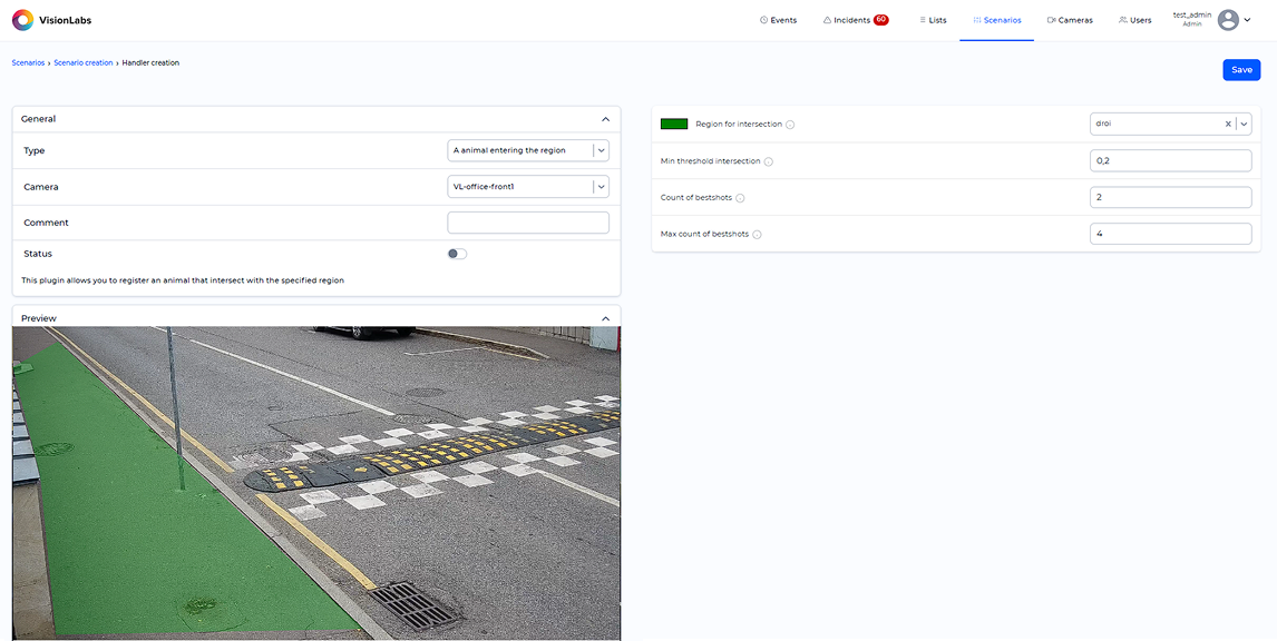 «A animal entering the region» handler parameters window