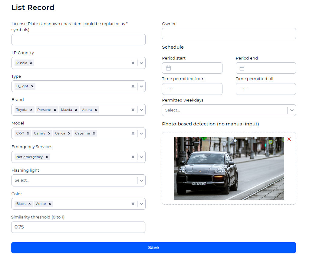 Example of filling out a standard list entry