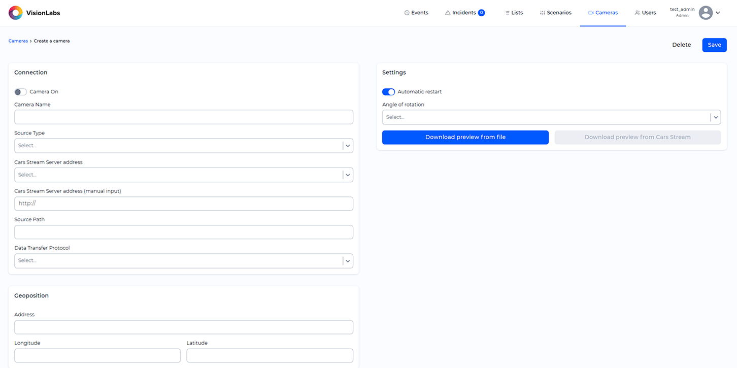 «Create Camera» page