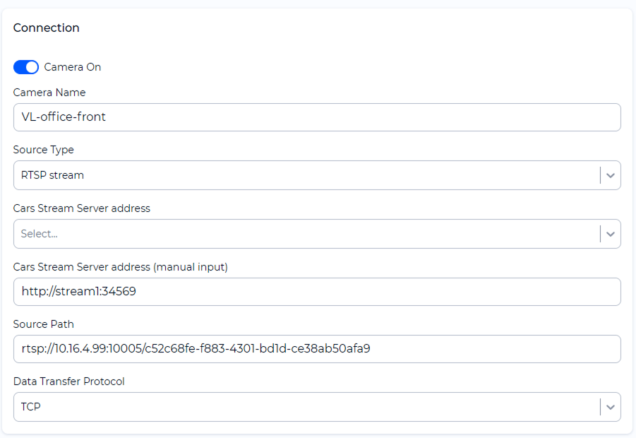 Example of a completed camera addition form for RTSP stream and Video file source type