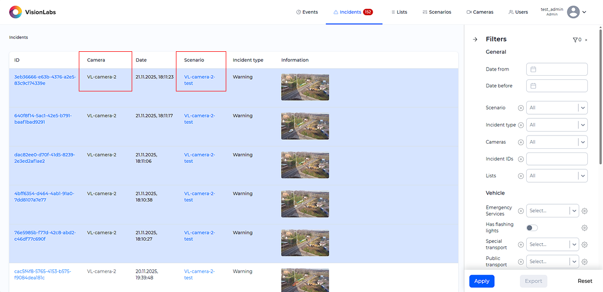 Example of filtering in the «Incidents» section for sabotage