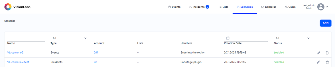 Example of two types of scenarios for one camera