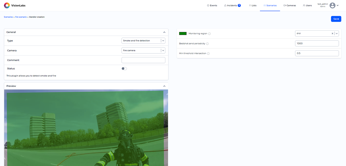 «Smoke and Fire Detection» handler parameters window 