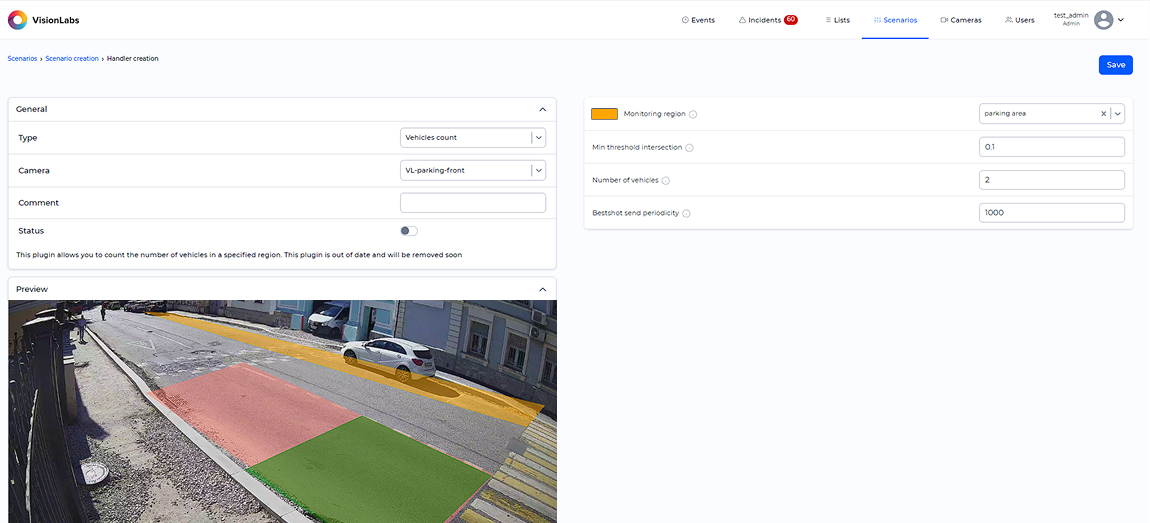 «Vehicles count» handler parameters window