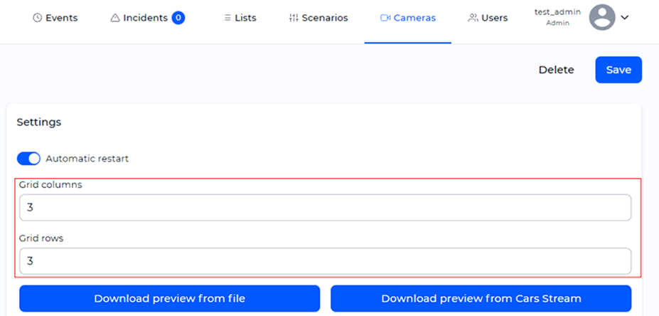 Preliminary camera setup: number of columns and rows in the grid