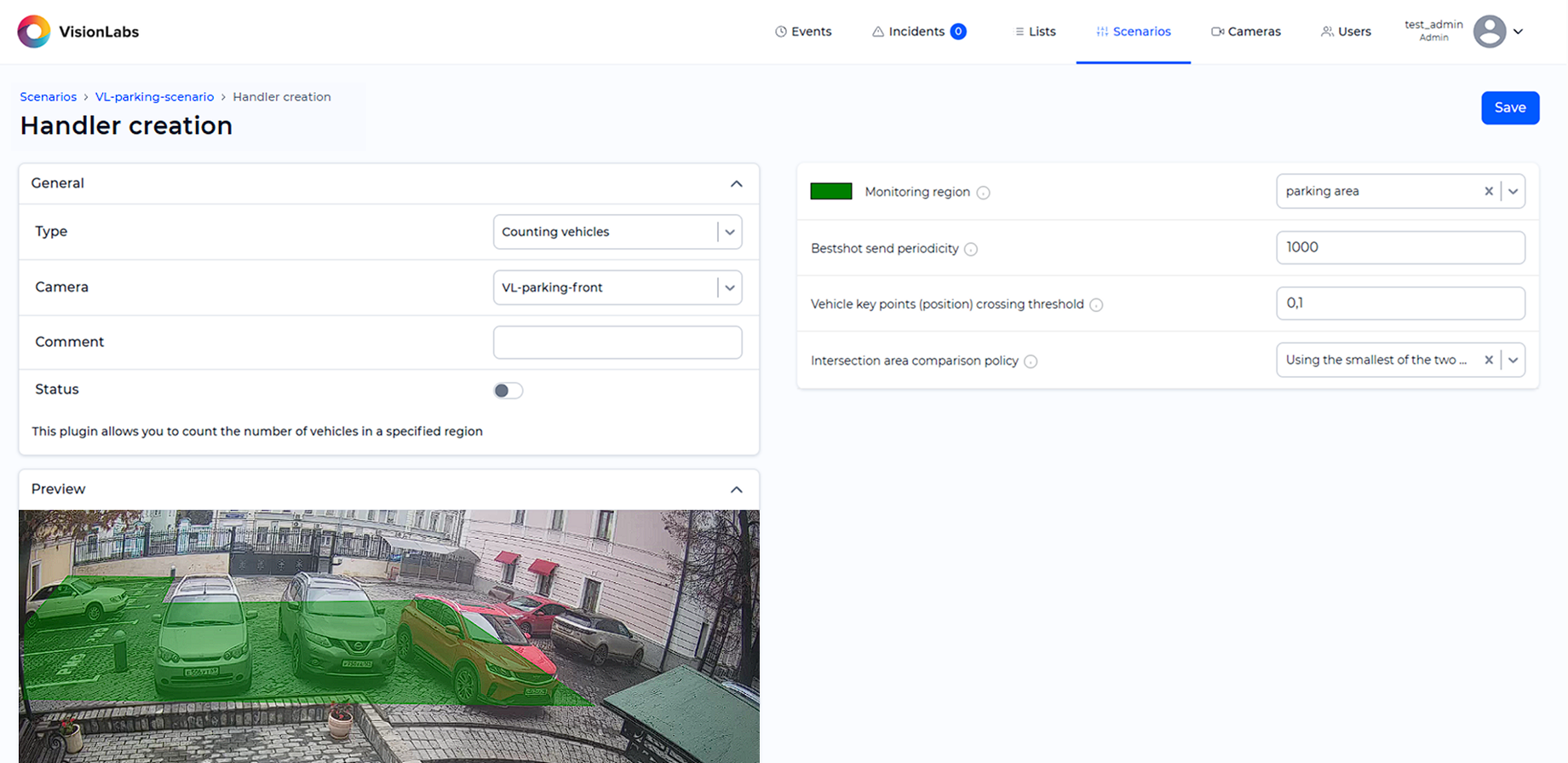 «Counting vehicles» handler parameters window
