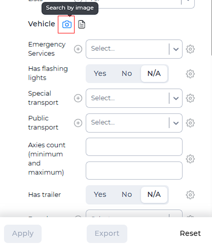 Vehicle image search icon in filters