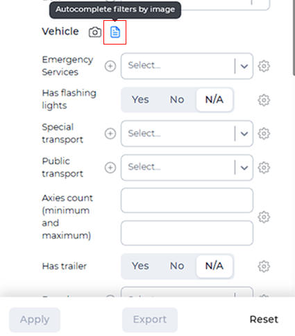 Vehicle image search icon in filters