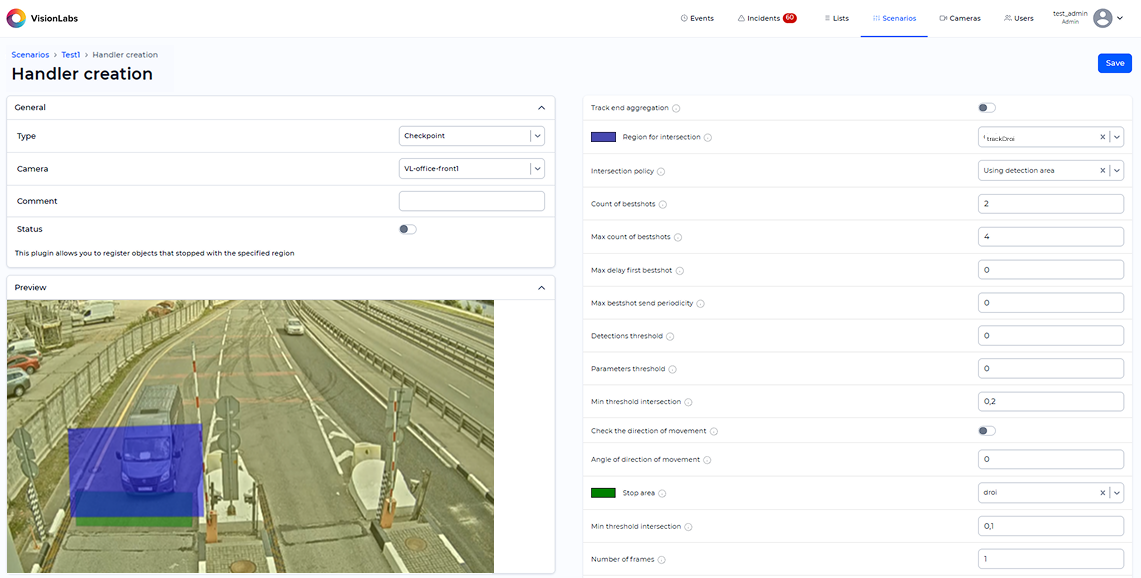 «Checkpoint» handler parameters window