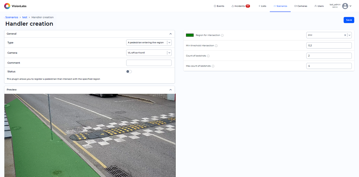 «A pedestrian entering» handler parameters window