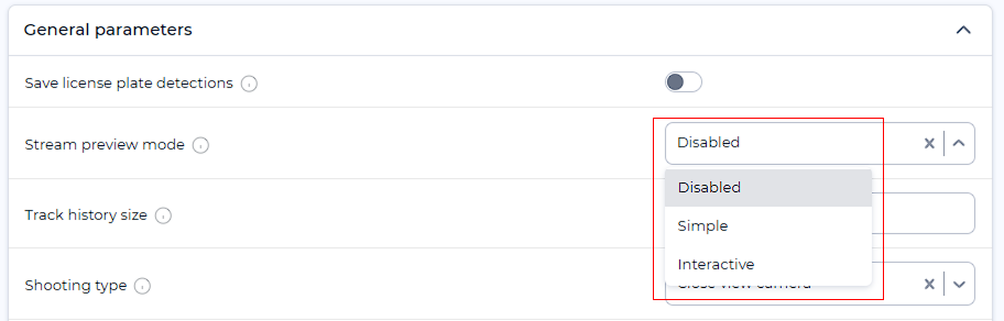 Camera parameters settings - stream preview mode