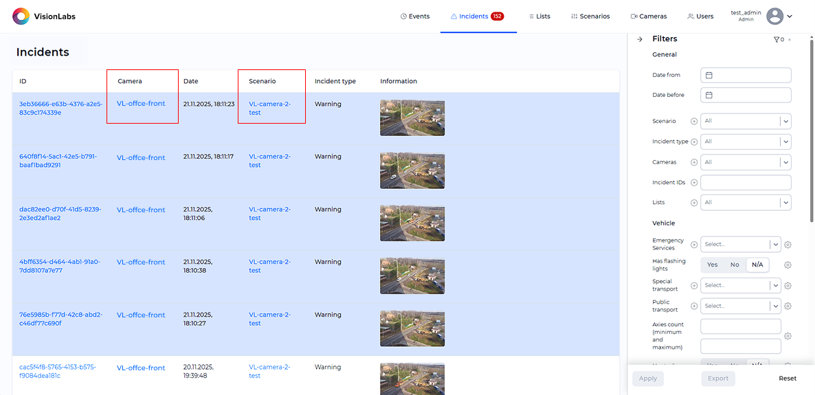 Example of filtering in the «Incidents» section for sabotage