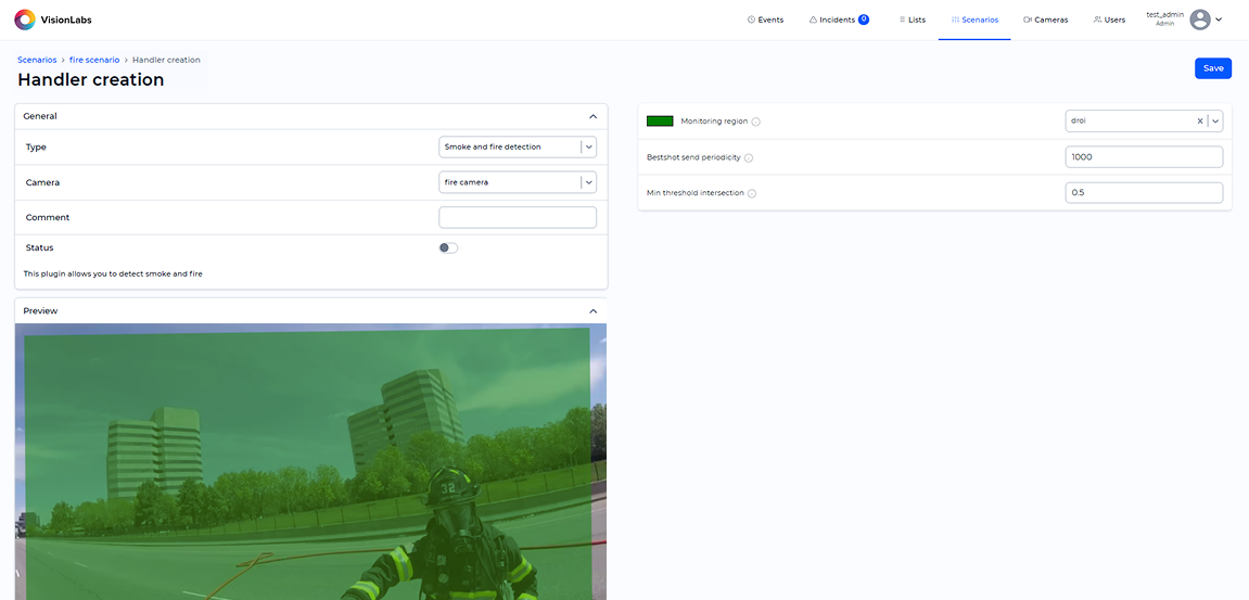 «Smoke and Fire Detection» handler parameters window 