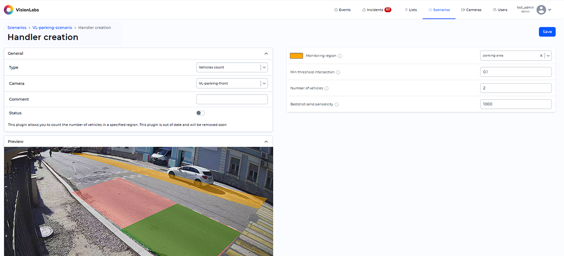 «Vehicles count» handler parameters window