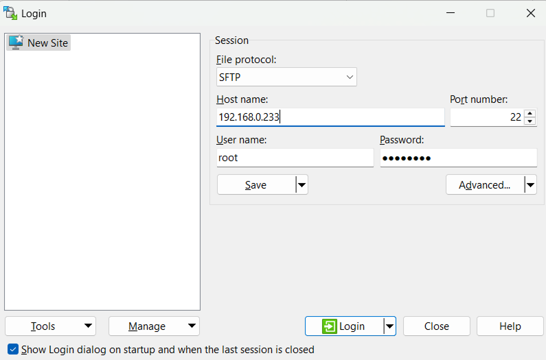 Example of filling in the new connection window in winSCP