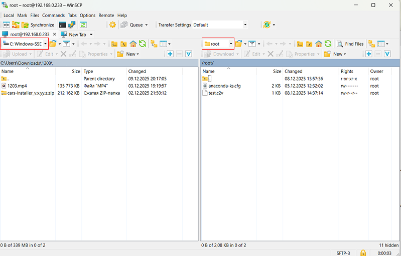 Example of the winSCP interface after connection