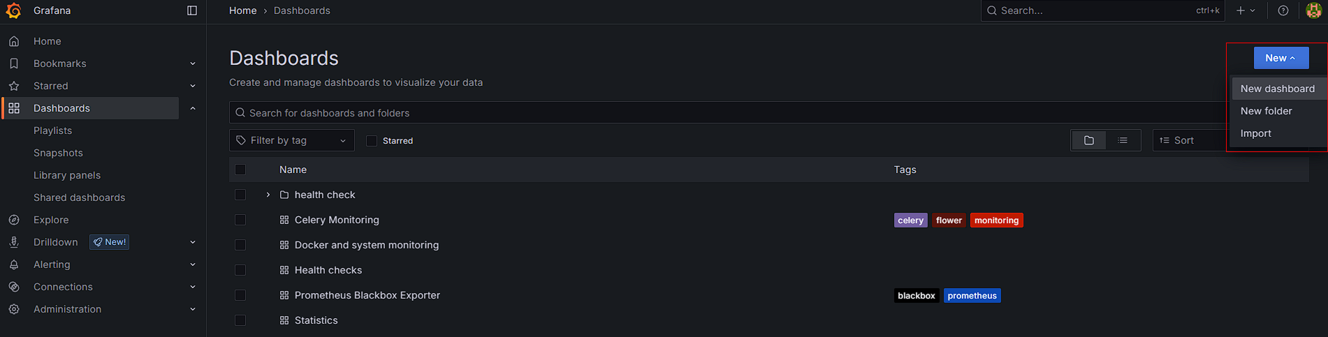 Buttons for adding new dashboards