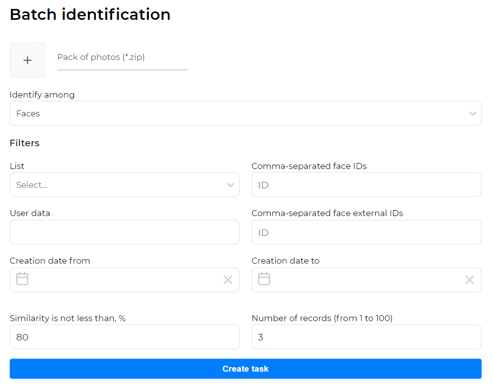 Form for creating a batch identification task