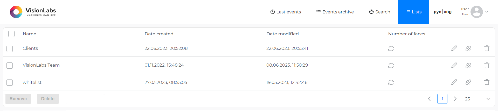 “Lists” section (for user)