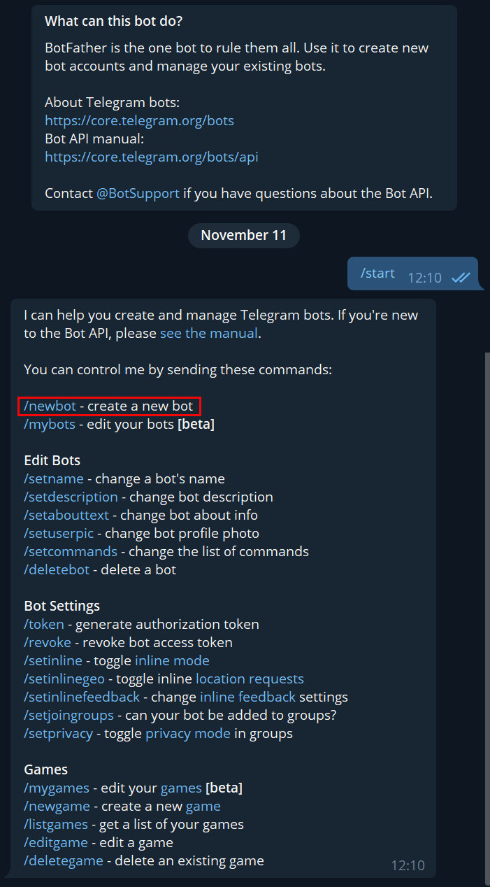  @BotFather command list
