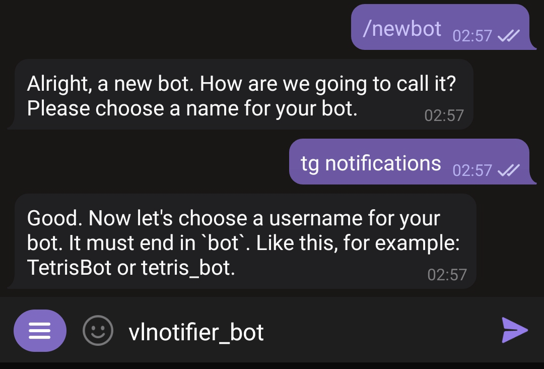 Bot creation, the name of the chatbot is being entered