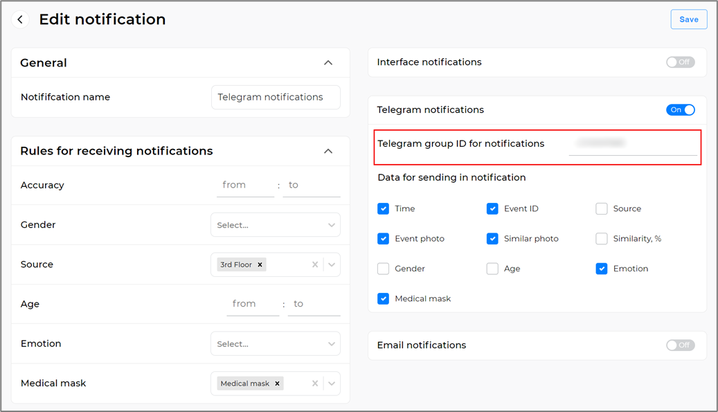 Editing a Telegram notification in the web interface