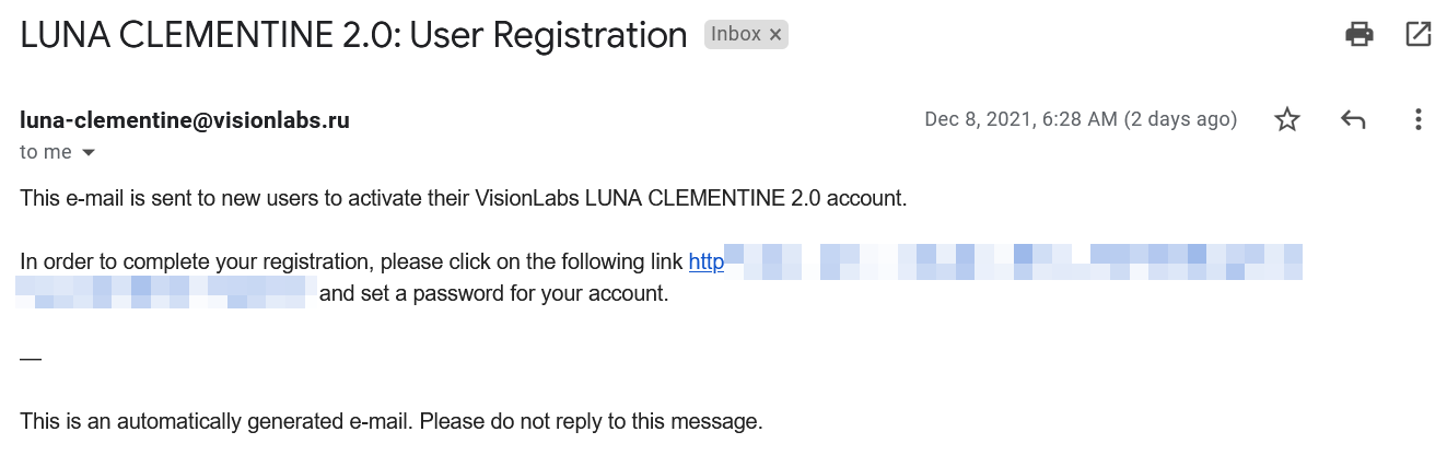 An example of an email to complete new user registration