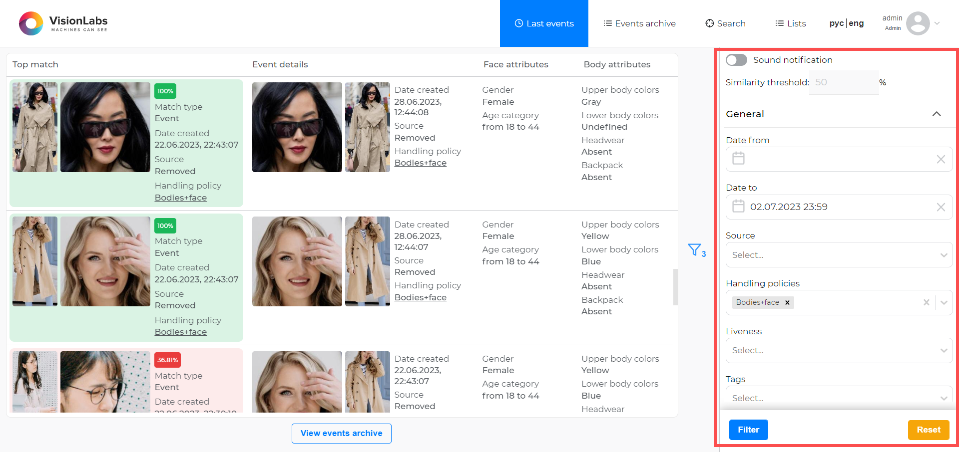Filter application (gender — male, age from 18 to 44) to display the latest events