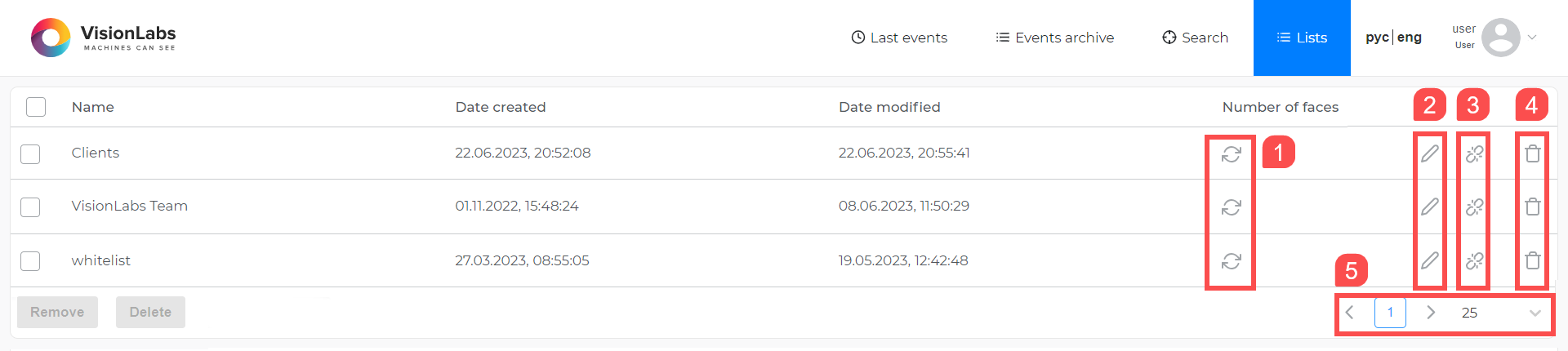 “Lists” section (for administrator)