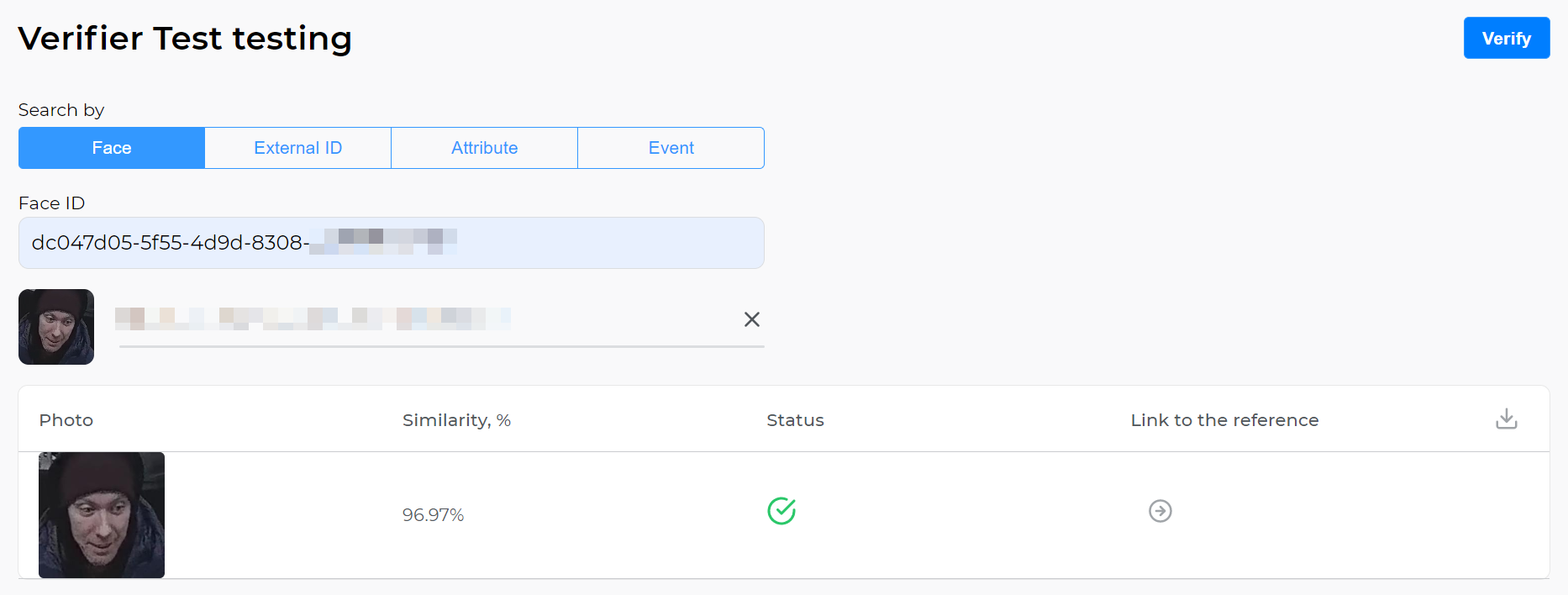 “Verifier testing” form. Search by face