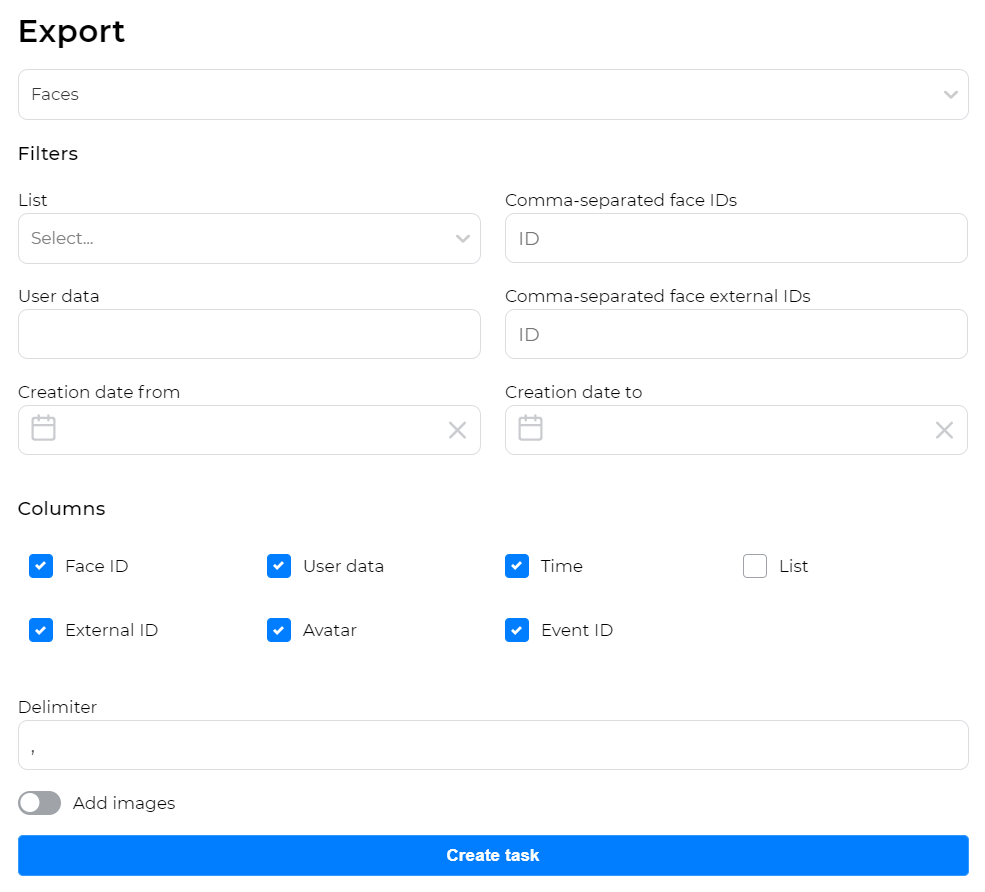 Form for creating an export task