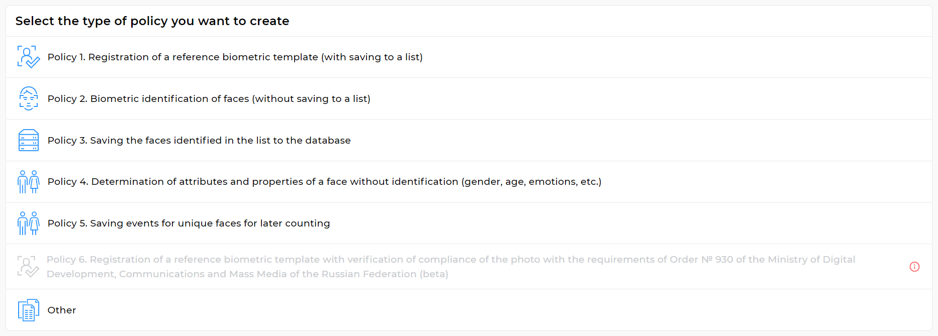  Form for selecting the type of policy to be created