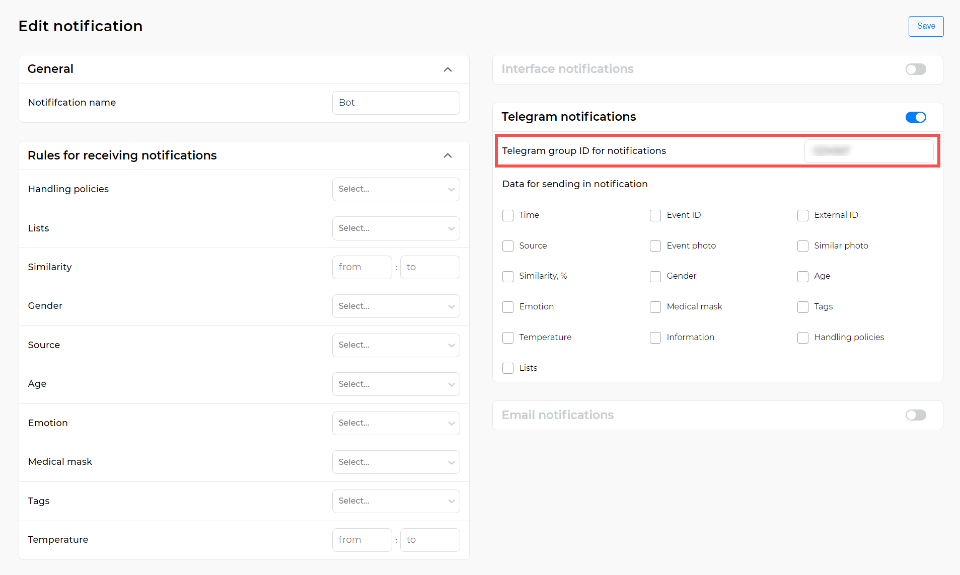 Editing a Telegram notification in the web interface