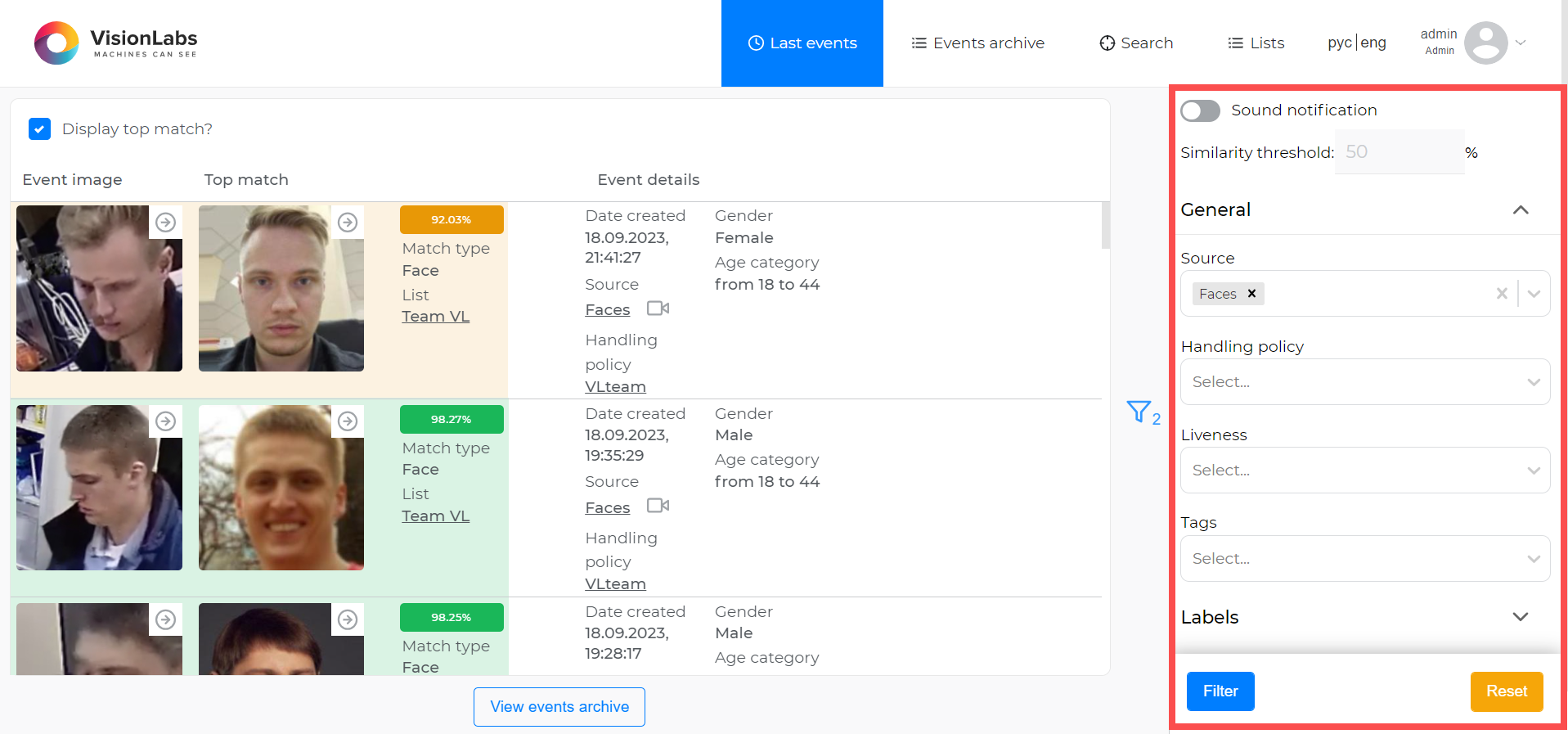 Filter application (gender — male, age from 18 to 44) to display the latest events