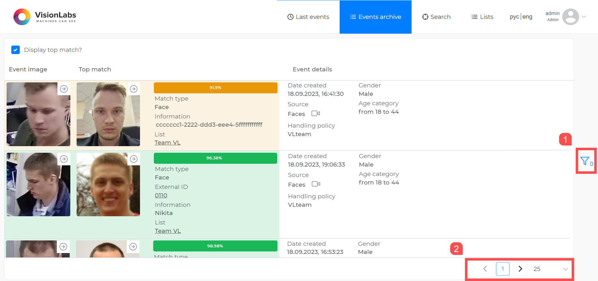 “Events archive” section