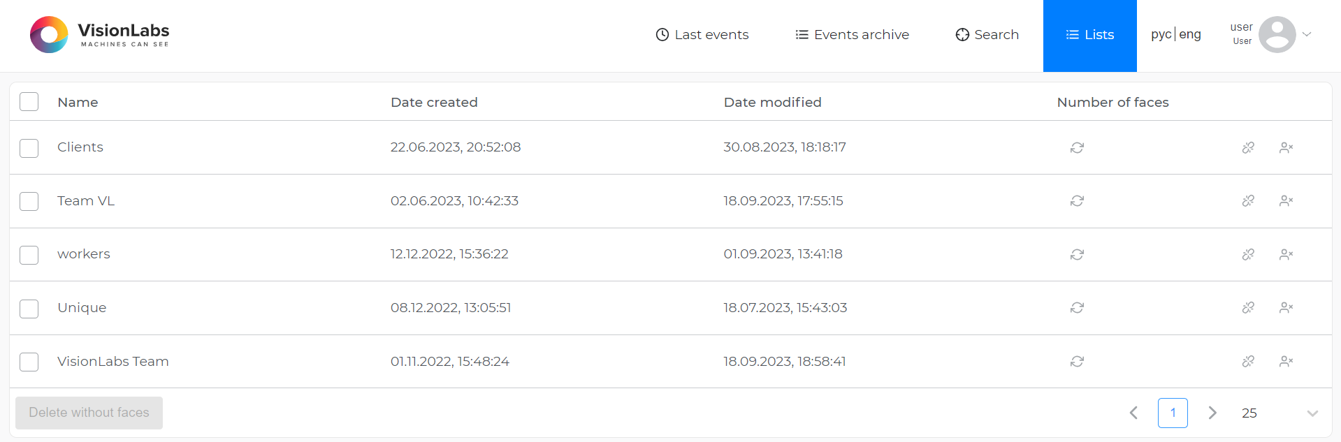 “Lists” section for user